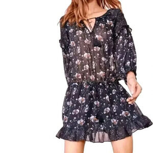 Ulla Johnson Dakota Mini Dress Women Size 4 Navy Silk Midnight Ruffle Neck Tie